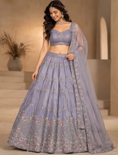 Grey-lavender floral embroidered lehenga choli with net dupatta
