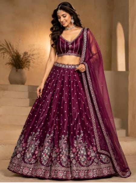 Deep wine floral embroidered lehenga choli with net dupatta