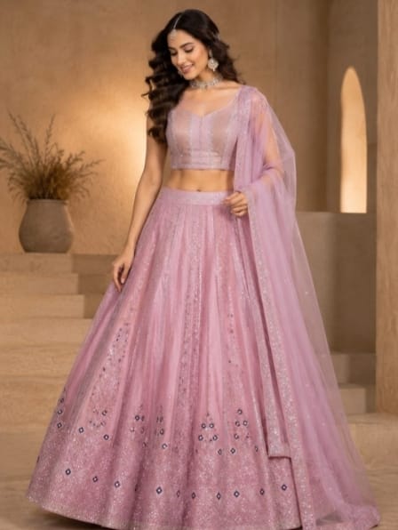 Dusty pink sequin embellished lehenga choli with net dupatta