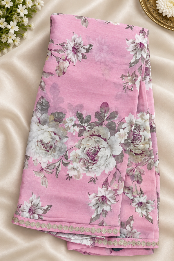 Elegant Pink Floral Printed Saree with Designer Border
