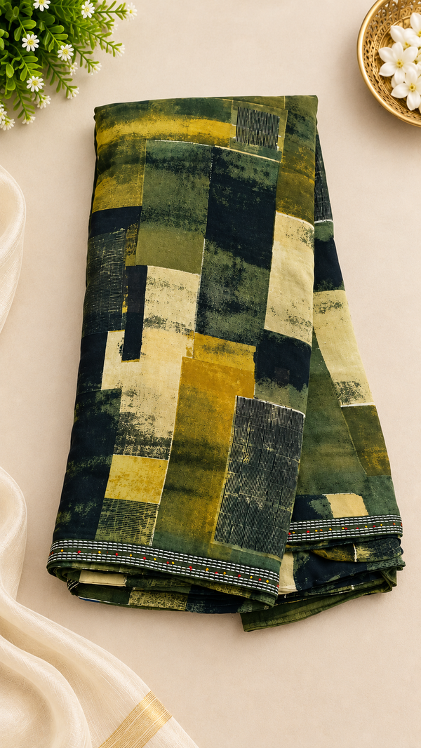 Elegant Olive Green Abstract Art Saree – A Statement of Timeless Sophistication