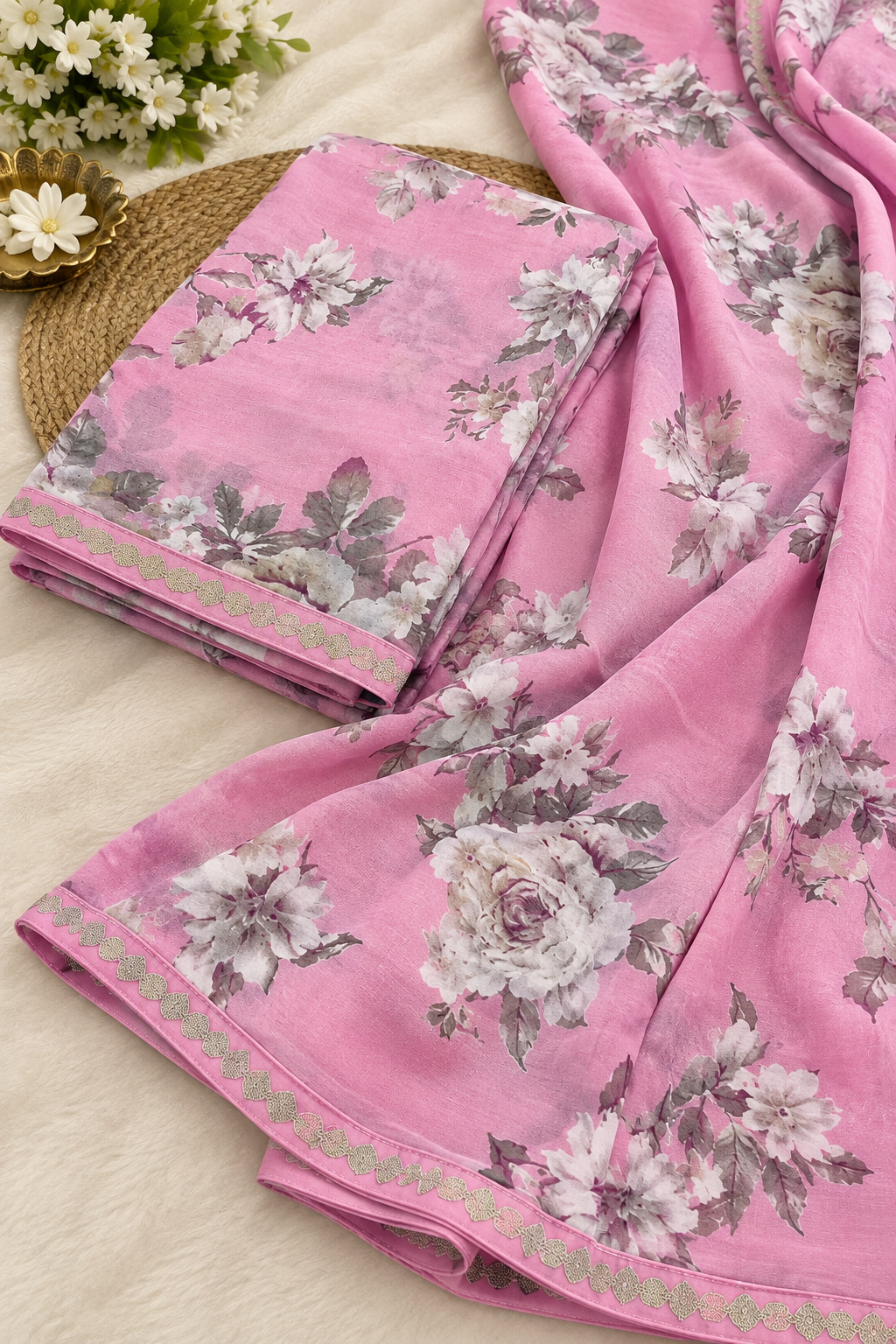 Elegant Pink Floral Printed Saree with Designer Border