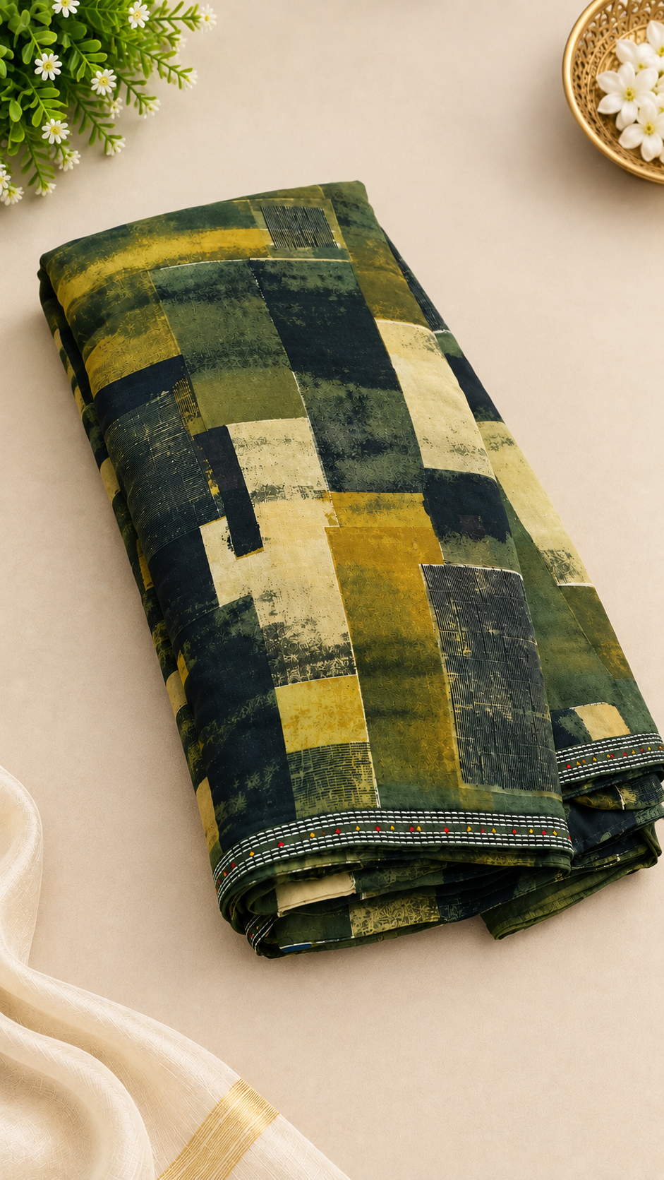 Elegant Olive Green Abstract Art Saree – A Statement of Timeless Sophistication